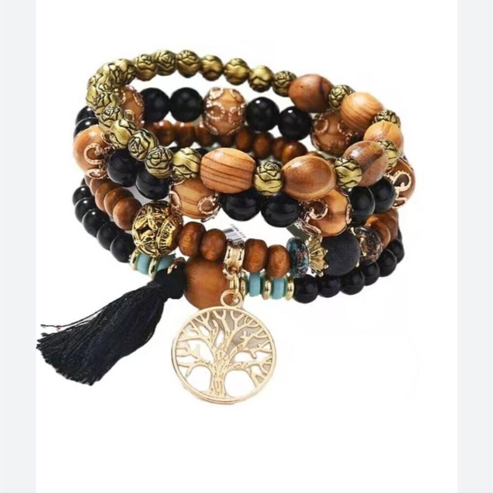 tree of life bracelet tassel BLACK and brown wooden beaded layered boho